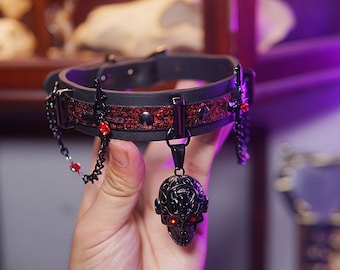 Handcrafted Leather Skull Choker – Gothic Punk Necklace with Red Glitter