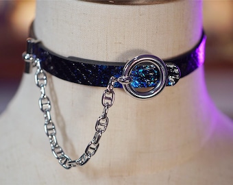 Handmade Leather Punk Choker – Black with Blue Glitter, Silver Hardware