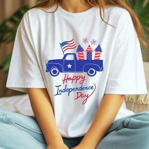 Vintage Patriotic Truck 4th of July Design, Happy Independence Day USA Flag and Fireworks Art, Retro Red White Blue Printable or Shirt