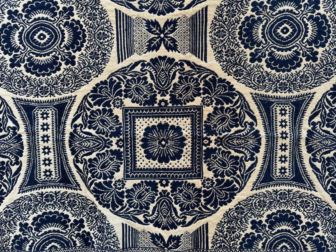 Antique Jacquard Coverlet Panel, W. Craig 1854, Indigo and Ivory ...