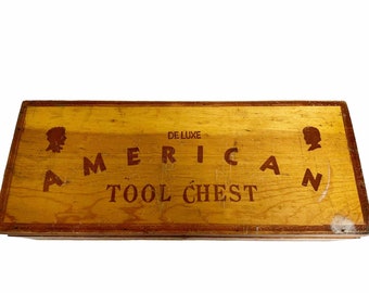 American Toy Tool Chest, Vintage Wooden Tool Box,  Old Wood Storage Box