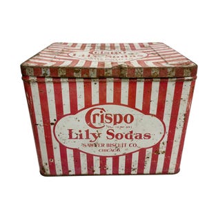Vintage Crispo Lily Sodas Tin: Sawyer Biscuit Co. Advertising