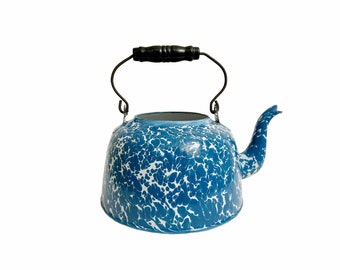 Vintage Graniteware Tea Kettle,  Blue and White Swirl, Antique Graniteware