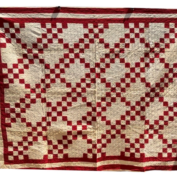 Antique Red and White Quilt, Double Irish Chain Pattern, Signed and Dated 1902