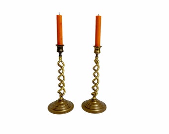 Vintage Brass Open Barley Twist Candlesticks, Pair of Candle Holders