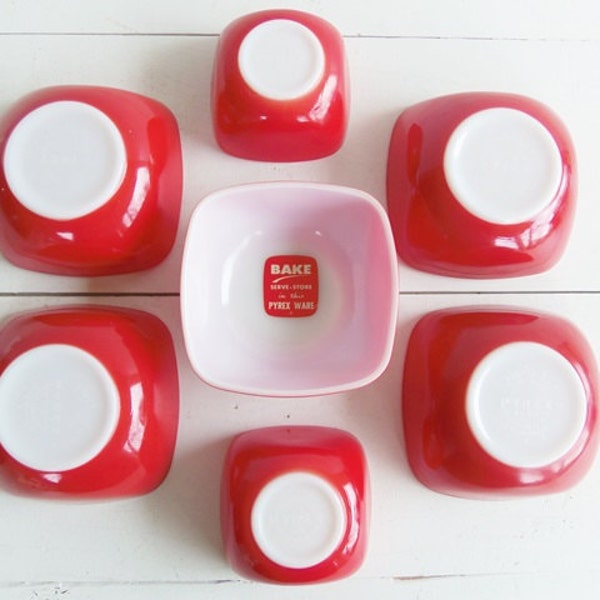 Vintage Red Pyrex . No. 407 and 410 Square Ramekin Bowls . Ovenware Bowls
