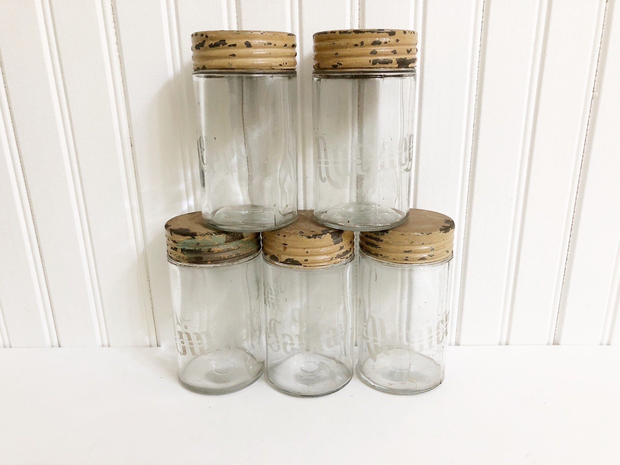 Vintage Spice Jars Etched Glass Spice Bottles Hoosier Etsy