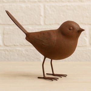 Vintage-Style Song Bird Figurine – Rustic Brown Tin Bird Sculpture, Home Display