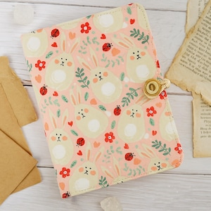 Pink Bunny Journal Fabric Kawaii A6 A5 Handmade Portable Notepad Floral Refillable Notebook Dairy Book Gift for herGift for her S737