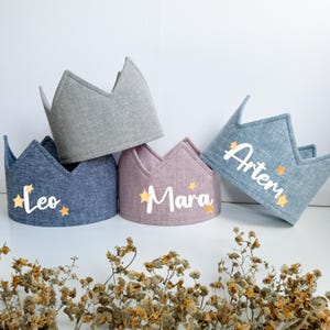 Corona in tessuto di lino personalizzata – corona di compleanno per bambini – regolabile e riutilizzabile – fatta a mano – corona in tessuto con nome