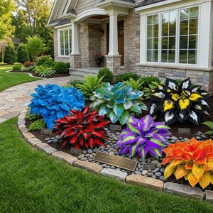 Puede incluir: Un parterre de jardín presenta una variedad de coloridas plantas de hosta. Las plantas muestran tonos de azul, rojo, verde, morado, amarillo y naranja. Una pasarela de piedra y una casa con fachada de piedra están en el fondo.