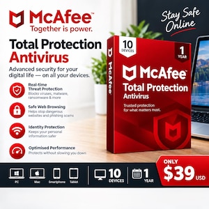 Pode incluir: Uma caixa de software antivírus McAfee Total Protection vermelha e branca para 10 dispositivos e 1 ano. A embalagem apresenta o logótipo McAfee, o texto Together is power, Stay Safe Online, e lista funcionalidades como proteção em tempo real.