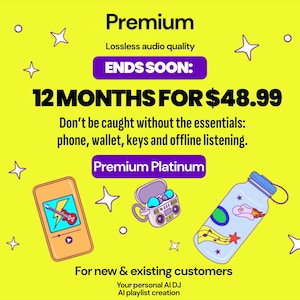 Abbonamento Premium Platinum di 12 mesi / 48,99 USD / Solo musica e podcast / Musica illimitata / Musica senza pubblicità / Consegna digitale