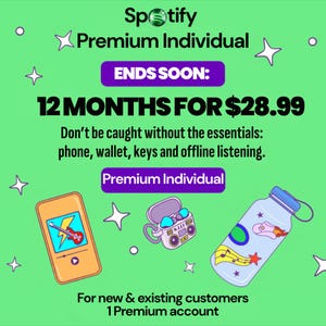 May include: A light green promotional graphic for Spotify Premium Individual featuring the text 12 MONTHS FOR $28.99. Illustrations include an orange music player, a purple boombox-style earbud case, and a water bottle with stickers.