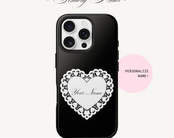 GEPERSONALISEERD telefoonhoesje met zwart kant en hart | Aangepaste naam initialen | Elegant schriftlettertype