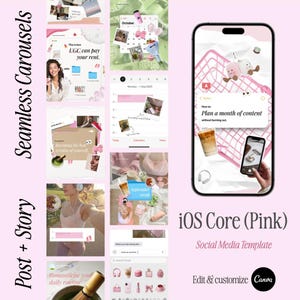 Op de afbeelding: Een roze social media template voor iOS, met een raster van afbeeldingen en tekstelementen. Het ontwerp bevat de woorden "Seamless Carousels" en "Post + Story". De template is ontworpen voor het creëren van social media content, met de tekst "iOS Core (Pink)" en "Edit & customize Canva".