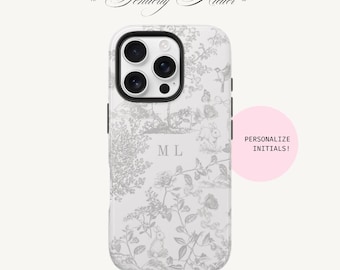 PERSONALIZED Toile de Jouy Bunnies Phone Case | Grey Floral Cottage Core Initials