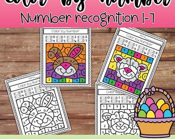 Páginas para colorear imprimibles de Pascua para colorear por números para preescolar y jardín de infantes. Actividades matemáticas de primavera y centros de aula.
