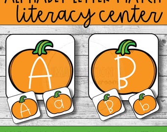 Herfst ABC Pumpkin Matching Game Afdrukbare letterherkenning in de kleuter- en kleuterschool Hoofdletters en kleine letters