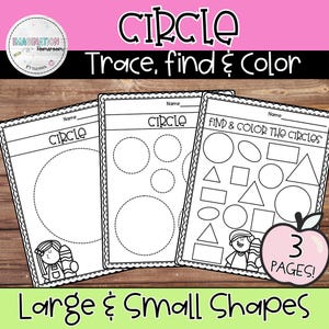 Op de afbeelding: Drie zwart-wit werkbladen om cirkels en andere vormen te traceren, te vinden en in te kleuren. De werkbladen heten "Circle" en "Find & Color the Circles". De afbeelding bevat ook de tekst "Large & Small Shapes".