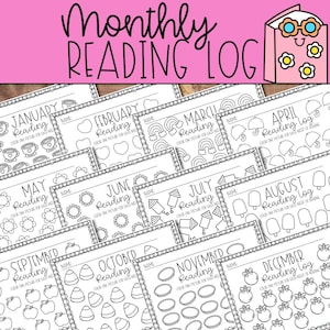 May include: A collection of printable monthly reading logs. Each log features a different month with corresponding illustrations, such as teacups for January and apples for September. The title "Monthly Reading Log" is at the top.