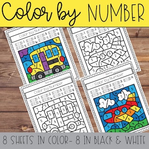 May include: Four sheets of "Color by Number" activity pages are displayed, featuring images of a school bus, clouds, and an airplane. The pages are designed for coloring, with numbers indicating the color to use. The text "Color by NUMBER" is at the top.