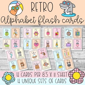 Jeu de cartes flash alphabet rétro imprimables de A à Z pour la reconnaissance de la phonétique et des lettres.  Mur de mots.  Décoration de classe.