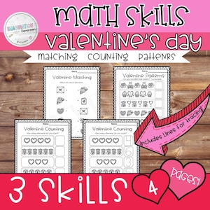 Może przedstawiać: Arkusz umiejętności matematycznych z motywem Walentynkowym. Obrazek przedstawia cztery strony z działaniami dopasowywania, liczenia i wzorów. Tekst zawiera "3 umiejętności" i "4 strony!" w kolorze różowym i czerwonym. Arkusze są do śledzenia.