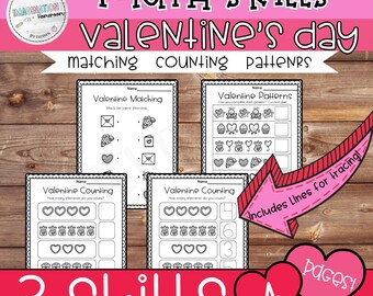Valentines Day Matching Counting and Pattern Activities for Preschool and Kindergarten AB Patterns Math Printable Centers