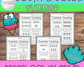 Summer Counting Worksheets for Preschool and Kindergarten Count and Color Math Activities with Beach Theme and Fine Motor Practice