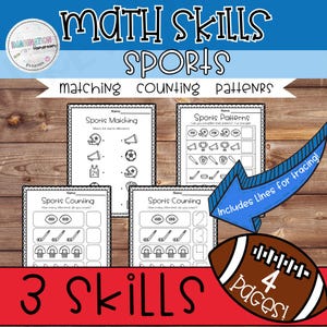 Może przedstawiać: Edukacyjne arkusze ćwiczeń o tematyce sportowej z tekstem "MATH SKILLS SPORTS" i "matching counting patterns". Arkusze ćwiczeń zawierają obrazy związane ze sportem i ćwiczenia z liczenia. Grafika piłki nożnej z tekstem "4 Pages!" i niebieska strzałka z tekstem "Includes Lines for tracing!" są również obecne.