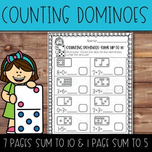 Könnte beinhalten: Ein Arbeitsblatt mit dem Titel "COUNTING DOMINOES" mit Summen bis 10. Das Arbeitsblatt zeigt Dominosteine mit Punkten und mathematischen Problemen. Ein Cartoon-Mädchen hält einen großen Domino. Der Text "7 PAGES SUM TO 10 & 1 PAGE SUM TO 5" steht unten.