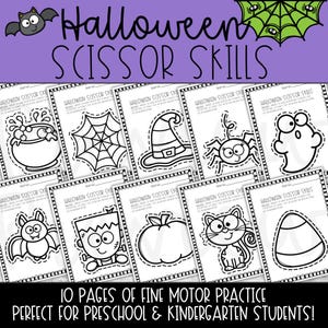 Halloween Scissor Fertigkeit Arbeitsblätter: Feinmotorik Üben (Digitaler Download)