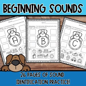 Hojas de trabajo de sonidos iniciales de la A a la Z / Alfabeto de perros para cortar y pegar / Fonética y reconocimiento de letras para preescolar y jardín de infantes