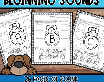 Beginning Sounds Worksheets A-Z | Dog Alphabet Cut and Paste | Phonics and Letter Recognition for Preschool & Kindergarten