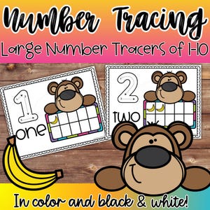 May include: Educational number tracing worksheets for children. The image shows two number tracing cards with the numbers 1 and 2, along with the words "one" and "two". Each card features a cartoon monkey and a banana. The text "In color and black & white!" is also present.