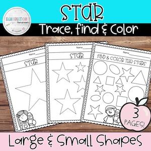 Könnte beinhalten: Drei schwarz-weiß-Aktivitätsseiten für Kinder mit den Worten "STAR Trace, find & Color". Die Seiten enthalten Sternformen, andere Formen und den Text "Large & Small Shapes". Eine rosa Apfelgrafik sagt "3 PAGES!"