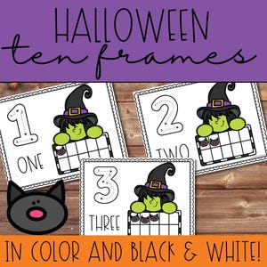 Puede incluir: Tarjetas educativas con temática de Halloween con los números 1, 2 y 3, con ilustraciones de brujas y marcos de diez. Las tarjetas son en color y blanco y negro, con un gráfico de gato negro. El texto dice "HALLOWEEN ten frames".