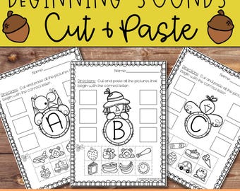 Fall Beginning Sounds Worksheets Alphabet Cut and Paste Phonics for Preschool and Kindergarten Printable ABC Letter Activities