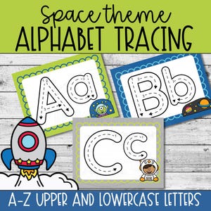 Puede incluir: Tarjetas de trazo del alfabeto con temática espacial, que muestran las letras A, B y C en mayúsculas y minúsculas. Cada tarjeta tiene un contorno punteado para trazar, con números que indican el orden de los trazos. El texto es "Space theme ALPHABET TRACING".