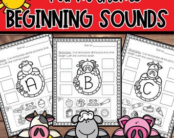 Beginning Sounds Worksheets A-Z | Farm Alphabet Cut and Paste | Phonics and Letter Recognition for Preschool & Kindergarten