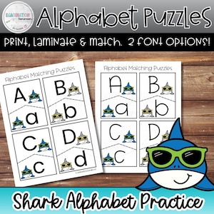 Rompecabezas del alfabeto de tiburón de verano: juego de combinación de letras mayúsculas y minúsculas para preescolar, jardín de infantes, actividad imprimible del centro de alfabetización ABC