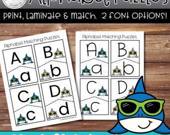 Sommarhaj Alfabetspussel Stora och små bokstäver Matchande Spel för Förskola Dagis ABC Utskrivbar Literacy Center Aktivitet