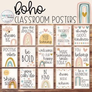 Boho Classroom Posters Printable, 15 Positive Affirmation Prints in Neutral Colors for Calm, Inspirational, and Modern Classroom Decor