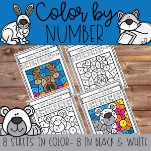 May include: A collection of "Color by Number" activity sheets with animal designs, such as a rabbit, wolf, and bear. The sheets are for colouring, with numbers indicating the colours to use. The image includes the text "8 SHEETS IN COLOR - 8 IN BLACK & WHITE".