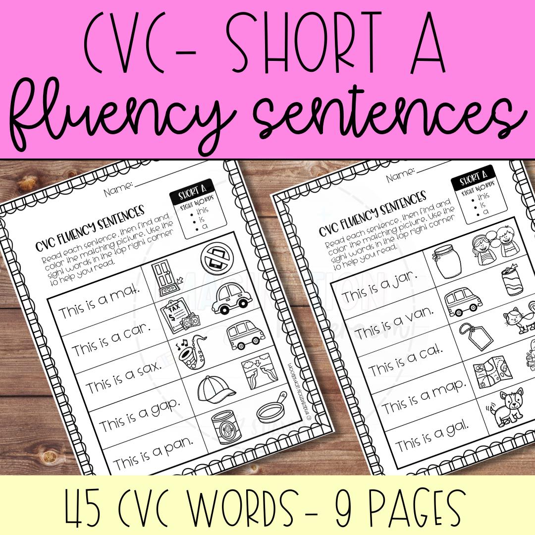 CVC Short A Fluency Sentences Worksheets for Kindergarten Phonics