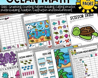 Könnte beinhalten: Lehrreiche Arbeitsblätter zum Thema Ozean mit dem Titel "OCEAN MATH". Zu den Fähigkeiten gehören das Erstellen von Diagrammen, Zählen, Musterbildung und Messung. Die Arbeitsblätter zeigen farbenfrohe Illustrationen von Meereskreaturen.