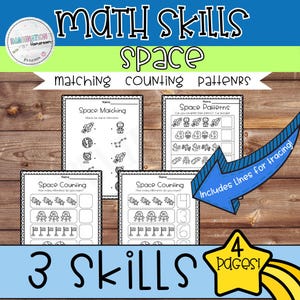 Può includere: Fogli di lavoro educativi a tema spaziale con il testo "Math Skills Space". I fogli di lavoro includono attività di abbinamento, conteggio e modelli. L'immagine mostra quattro pagine con illustrazioni di razzi, pianeti e alieni.