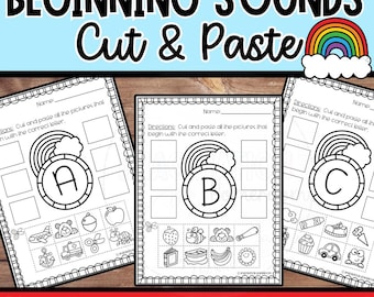 Regenbogen Beginning Sounds Arbeitsblätter A bis Z Ausschneiden und Einfügen Alphabet-Aktivitäten für die Vorschule Kindergarten Buchstaben Anerkennung Phonics Praxis