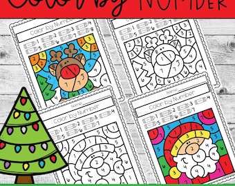 Op de afbeelding: Kleurplaten met een kerstthema. De afbeelding toont vier kleur-op-nummer vellen met feestelijke ontwerpen, waaronder een rendier, de kerstman en een kerstboom. De tekst "Color by NUMBER" staat bovenaan en "8 SHEETS IN COLOR - 8 IN BLACK & WHITE" onderaan.